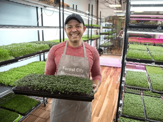 A man standing and smiling while presenting microgreens. He is surrounded by other microgreens.